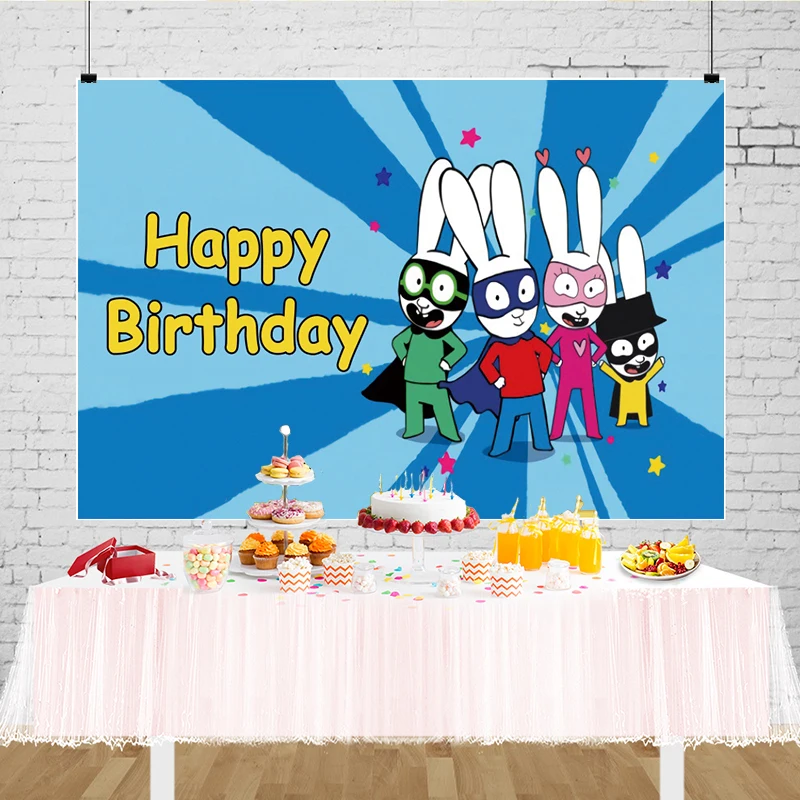 Hintergrund Simon Super Kaninchen Geburtstags feier Dekoration Banner für Kinder Cartoon Hase Superheld Foto Hintergrund Fotografie Requisiten