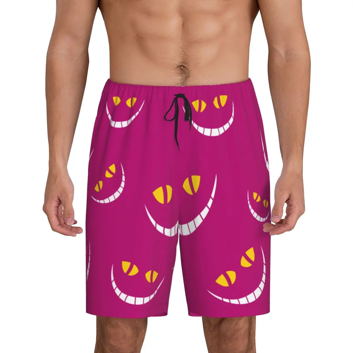 

Custom Alice In Wonderland Cheshire Cat Pajama Bottoms for Men Lounge Sleep Shorts Stretch Sleepwear Pjs with Pockets