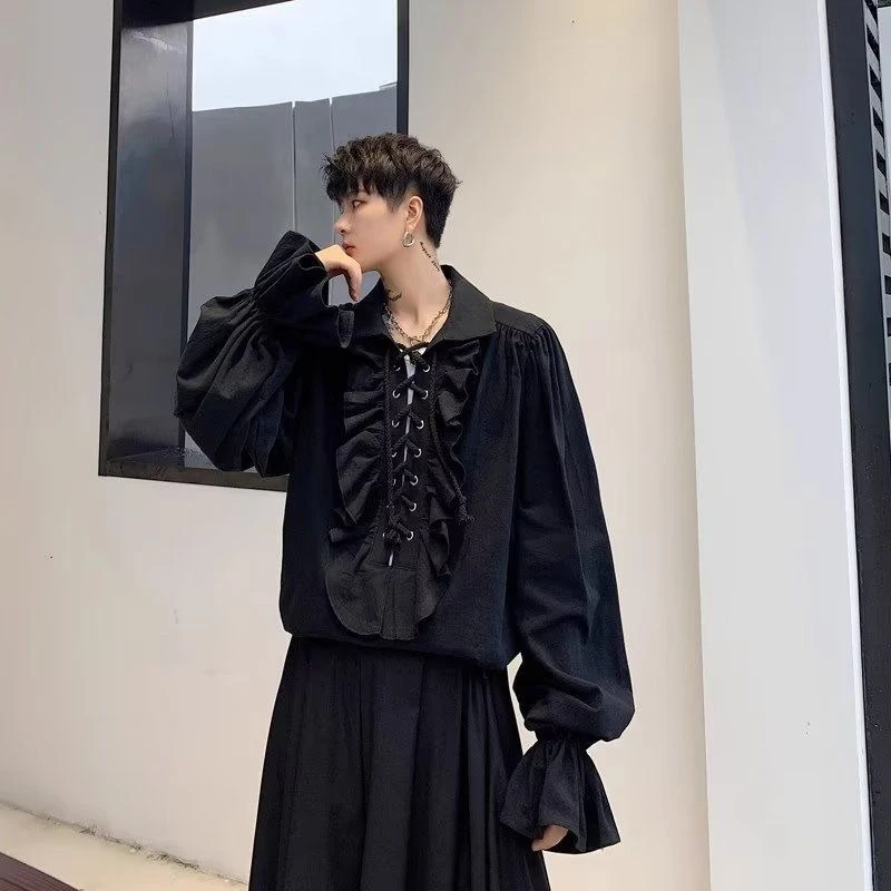 Mens Gothic Renaissance Puff Sleeve Shirt Vintage Lace Up Blouse Drama Stage Wear