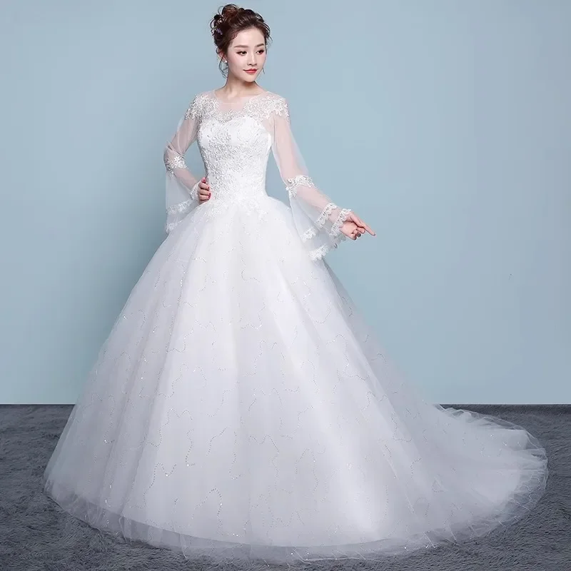 

Cheap Wedding Dress White Sequins Embroidery O-neck Full Sleeves Lace up Floor length Princess Plus sizw Bride Ball Gowns XN110