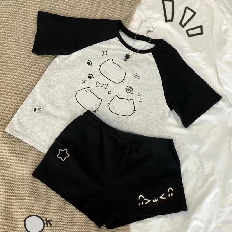 المرأة طباعة لطيف القطن السراويل Pantalones Kawaii فضفاض عادية Cutecore قيعان موضة مرونة الخصر الصيف واسعة الساق سراويل قصيرة