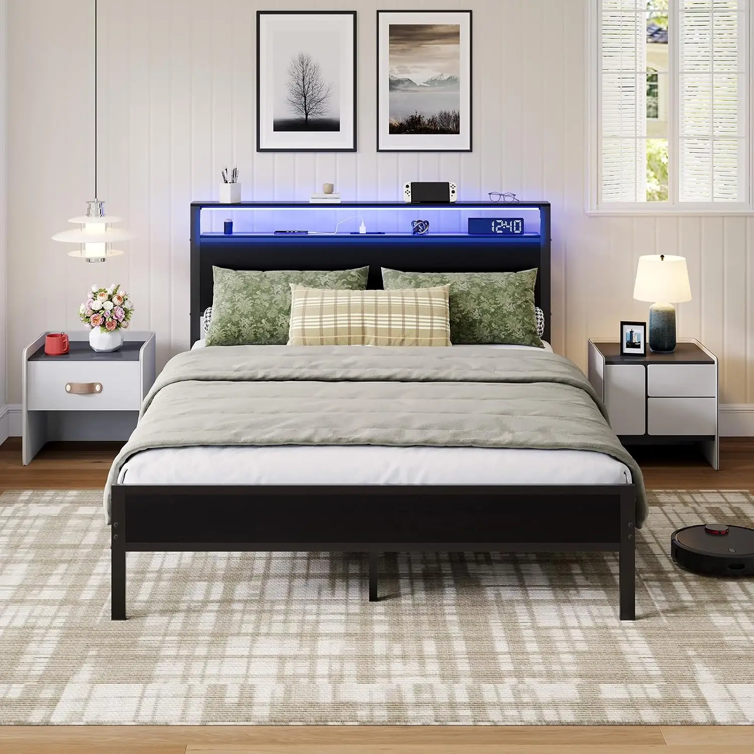 Queen Size Metal Platform Bed Frame with Charging Station and LED Lights, 2-Tier Storage Headboard, Smart Music Sync, No Box Spring Required, Easy to Assemble, Black