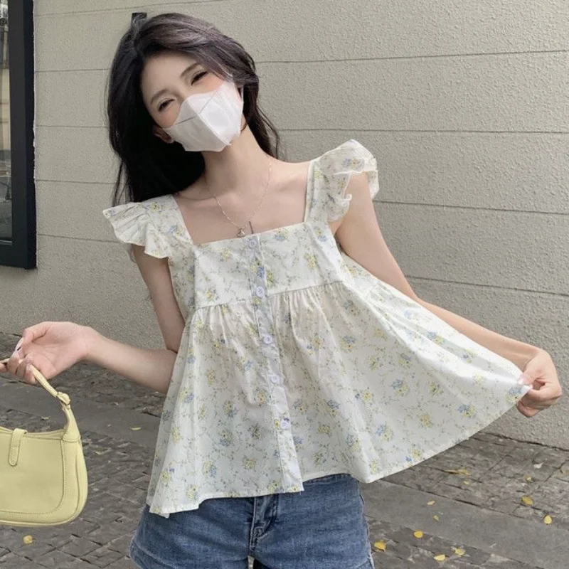 Flying Sleeve Floral Shirts Women Summer New Sweet Ruffles Temperament Loose Casual Korean Style Holiday Tender Chic Streetwear