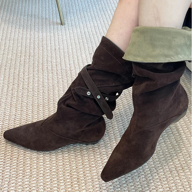

Pointed Toe Women's Boots Flats Designer Suede Gothic Shoes 2025 Fad Winter Chelsea Boots New Walking Dress Trend Mujer Botas