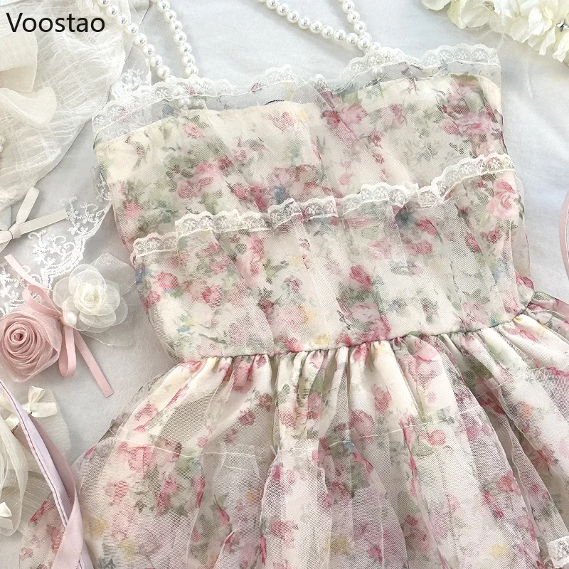 Sweet Elegant Lace Ruffles Lolita Mini Dress Women Kawaii Floral Print Princess Strap Dresses Korean Girls Beach Fairy Dress