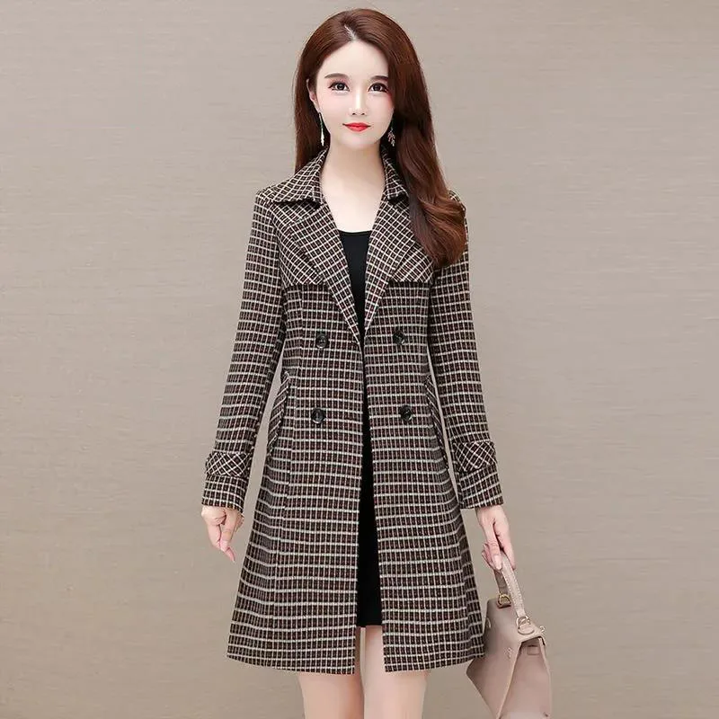 

Pocket Windbreaker Coat Women's Spring Autumn Trench Coat 2022 New Plaid Waist Belt Mid-Long Outerwear Fashion Overcoat Female