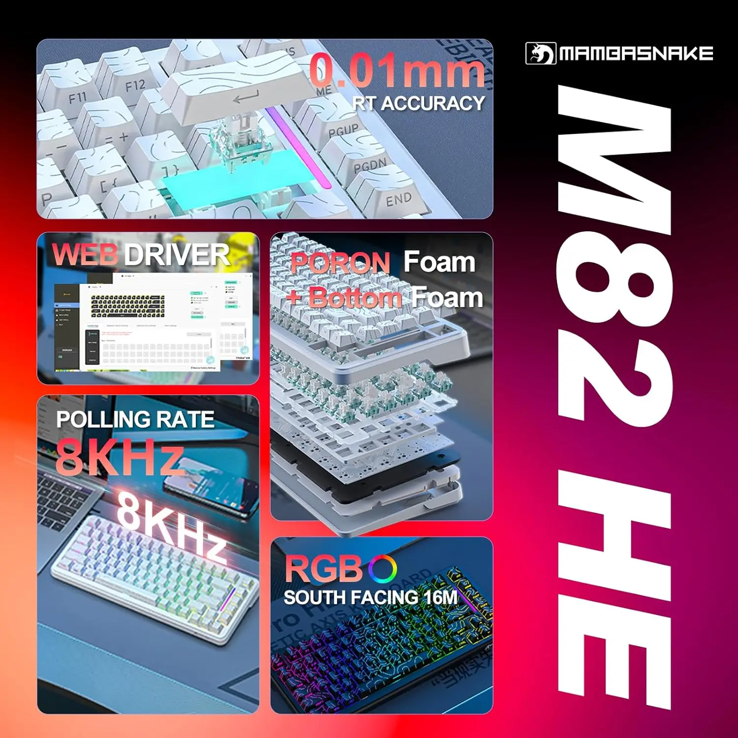 

MAMBASNAKE M82 HE Hall Effect Keyboard, 8Khz Polling 0.01mm Adjustable Trigger 0.125ms, Hot-Swappable RGB Backlit Side