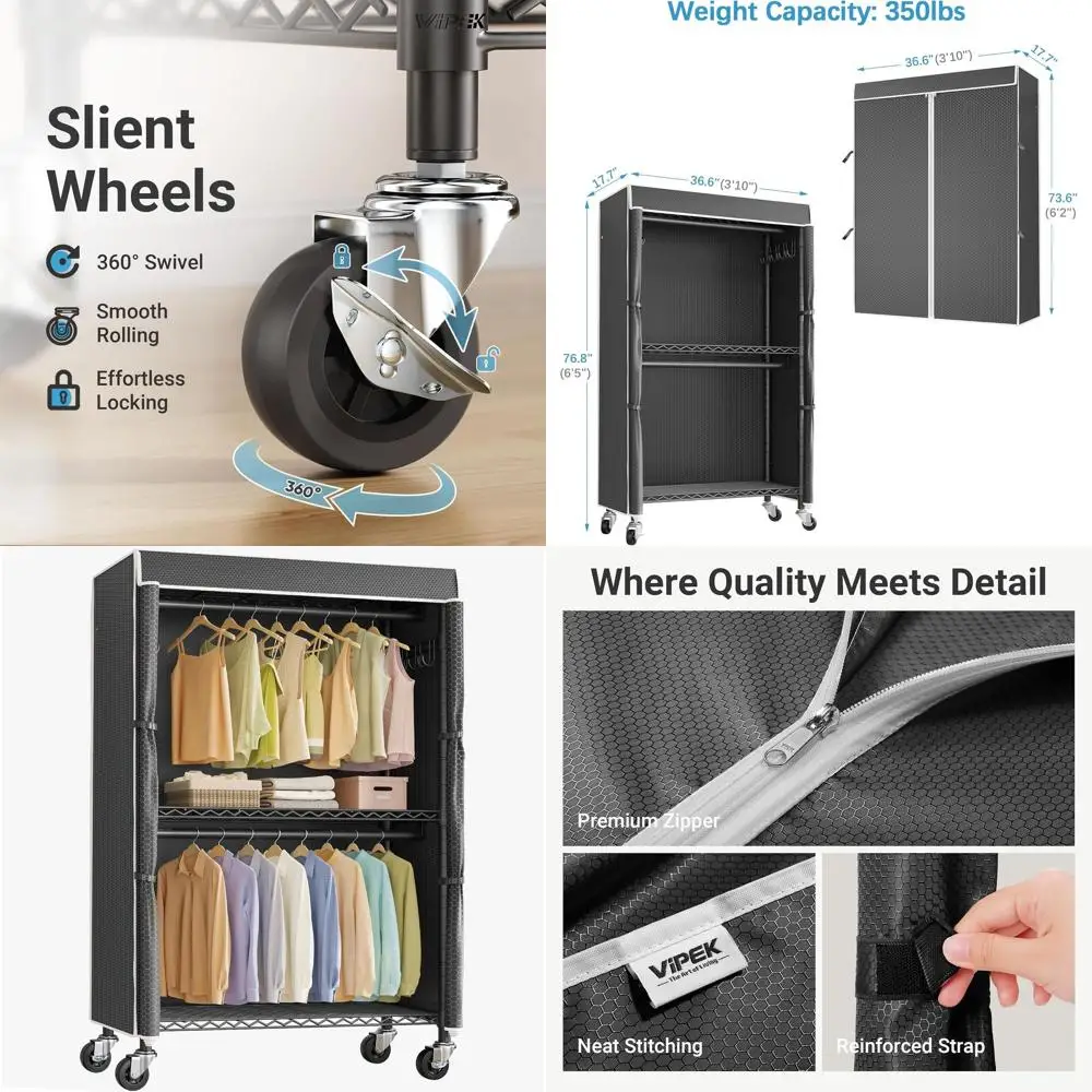 

Heavy-Duty Rolling Garment Rack with Cover, Portable Double Rod Closet, Lockable Wheels, Black Rack with Black Polyester Cover