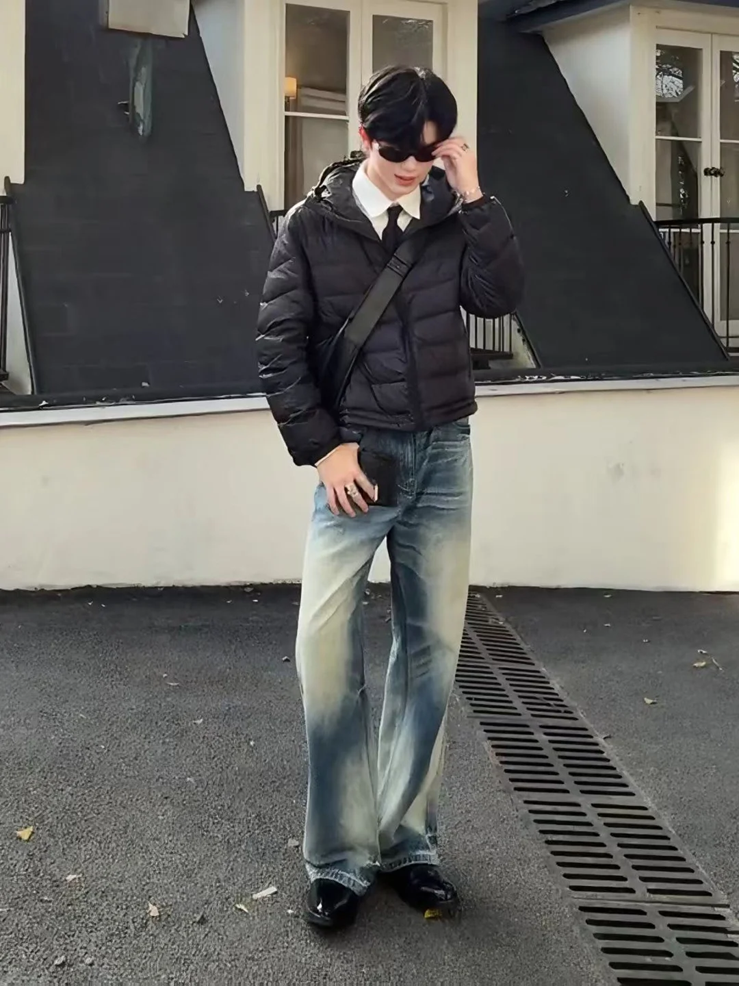 

Graduated Blue Men's Flared Jeans American Retro Style Winter Casual Loose Straight Leg Anti-Wrinkle Maintaining Shape