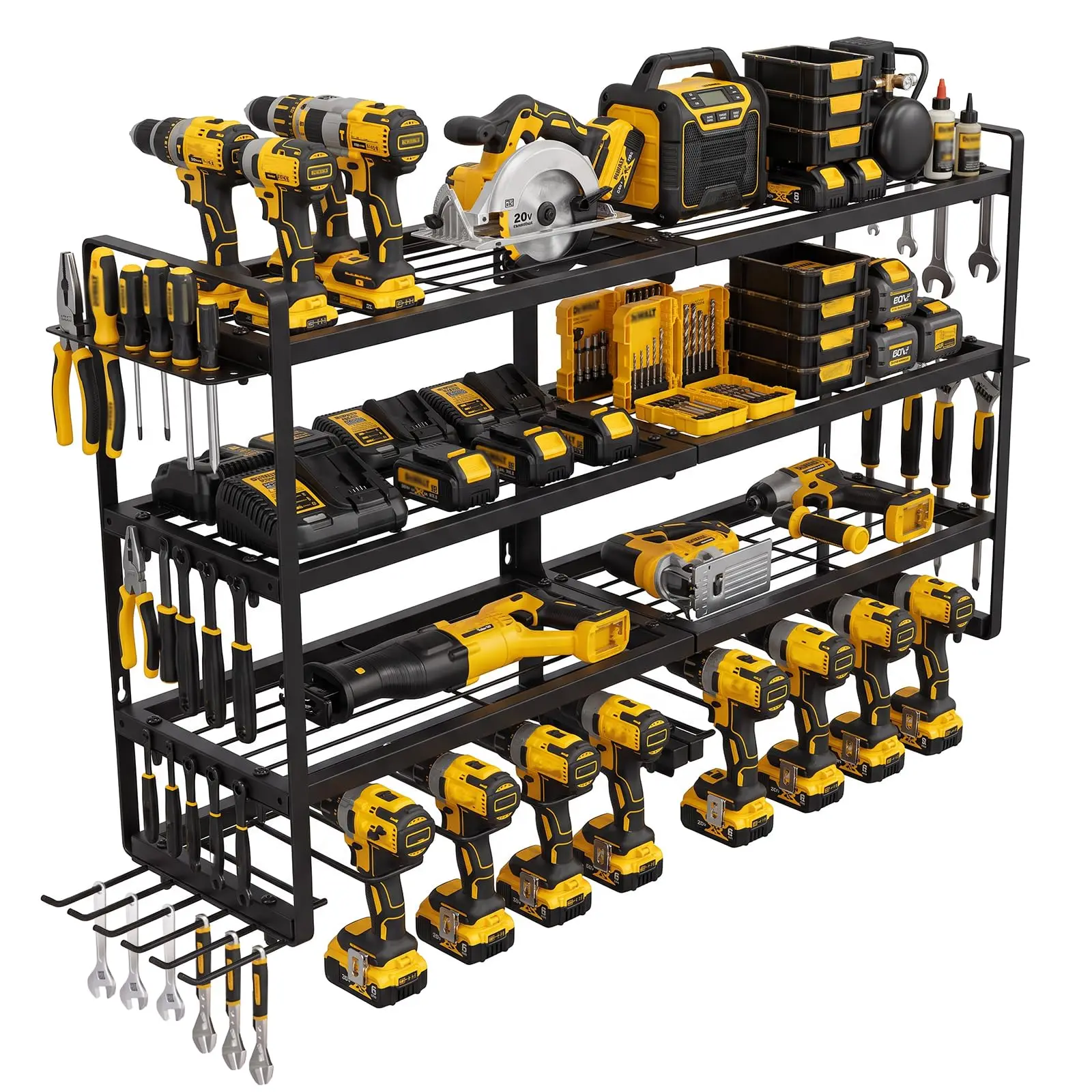 37 Inch Power Tool Organizer Wall Mount 230 Lbs Capacity 4 Tier Heavy Duty Garage Tool Storage Rack With 8 Drill Holders Carbon Steel Workshop Shelving
