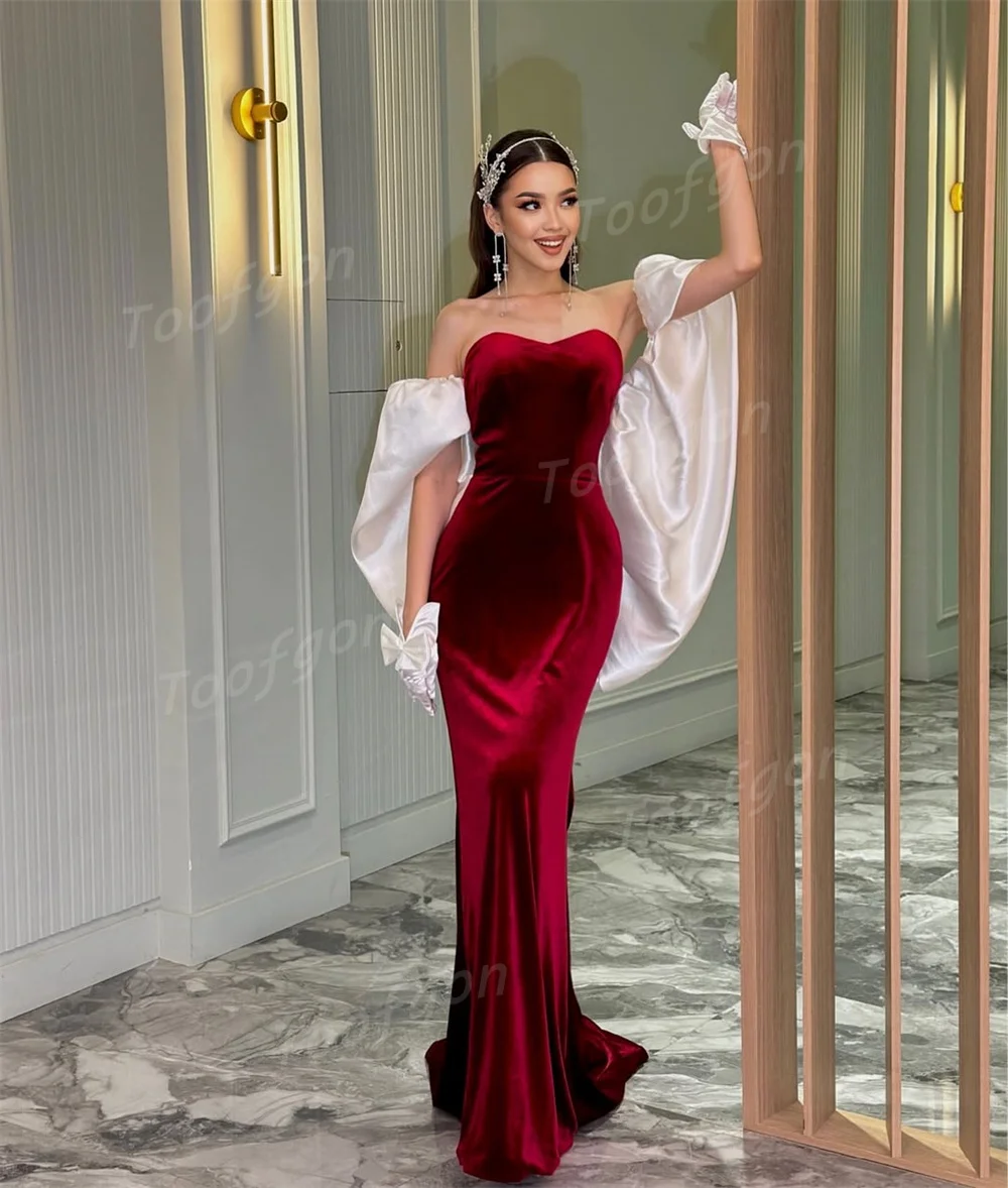Toofan Милая бархатная русалка вечерние платья по индивидуальному заказу белая накидка с рукавами длинное бордовое женское вечернее платье для выпускного вечера