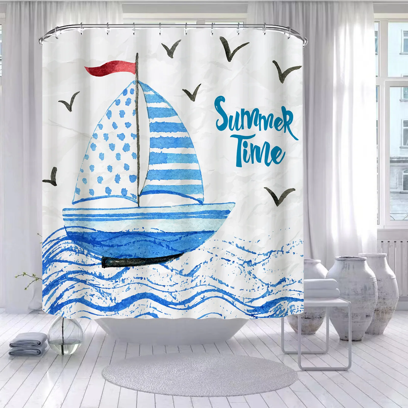 Ship Anchor Rudder Boat Shower Curtain Pirate Sailboat Starfish Bathroom Wall Hanging Curtains Waterproof Hooks Screen Decor