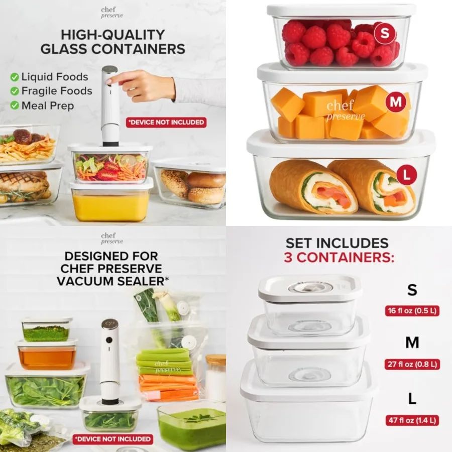 

Glass Vacuum Seal Containers for Food Storage, Made For Compact Vacuum Sealer, 3pcs set [1x Small, 1x Medium, 1x Large] Works W