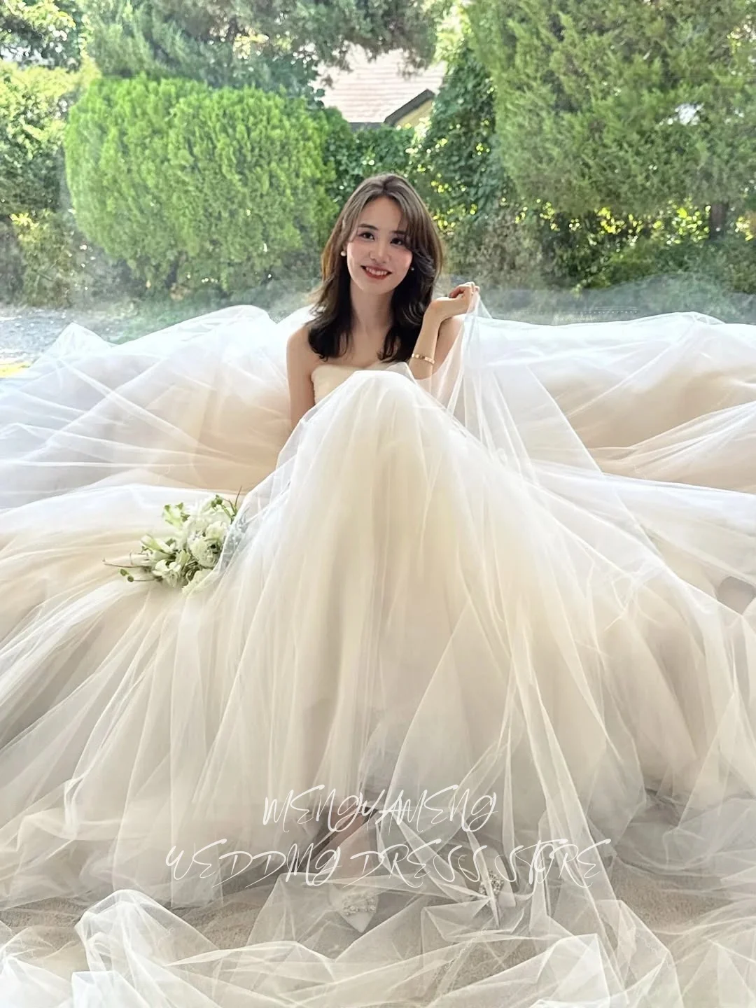 ZHUISHU Princess A Line Tulle Korea Wedding Dress Strapless Bride PhotoShoot Dress Customized Floor Length Puffy Long Bride Gown