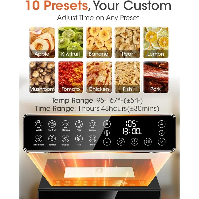 Food Dehydrator 10 Stainless Steel Trays 10 Presets Black