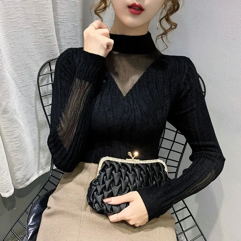 Mesh Splicing Knitted Sweater 2026 Spring Autumn Women's Elastic Slim Turtleneck Long Sleeve Sweater Office Lady Elegant Shirt 2