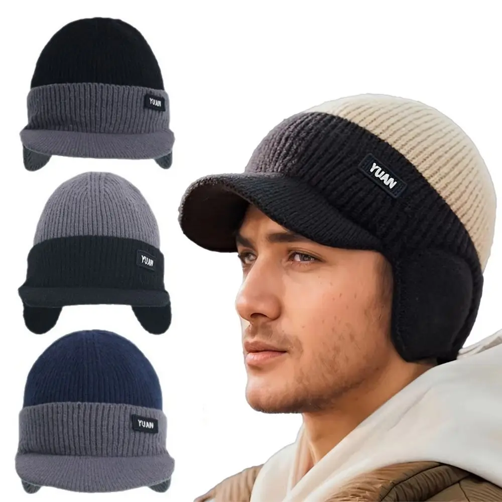 

Универсальная вязаная бейсболка с защитой ушей, двухцветная теплая вязаная шапка, утолщенные шапки для пар, мужские и женские шапки