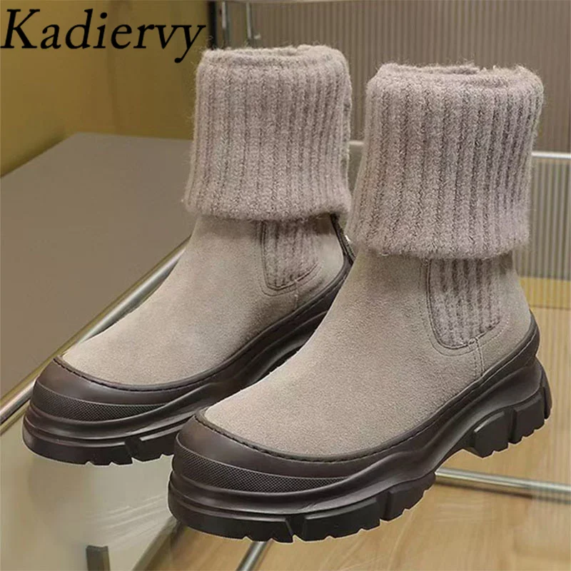 Hot Sales Short Boots Women Round Toe Ankle Boots String Bead Thick Sole Shoes Women Cow Suede Patchwork Knit Boots Woman