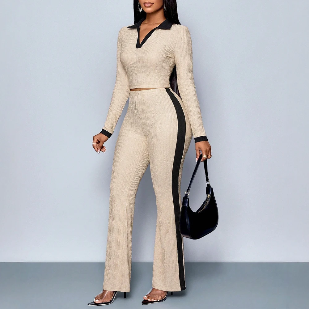 

Mia Muse Boutique, осенние комплекты 2025 г., женские модные контрастные цвета, футболки с длинными рукавами и v-образным вырезом, расклешенные брюки с высокой талией, повседневные комплекты