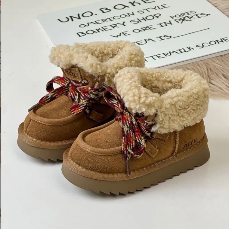 2024 Winter New Children's Snow Boots Matte Leather Cotton Warm Boots Teddy Hairy Men's and Women's Cotton Shoes Size 26-40