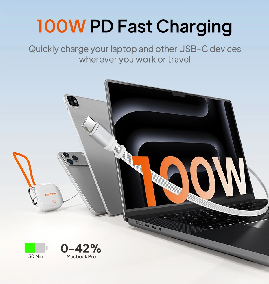 CABLETIME 100W USB-C zu USB-C Kabel Einziehbares Kabel PD-Kabel Schnellladung für iPhone 17 Samsung HUAWEI Reisekabel – Detail 7