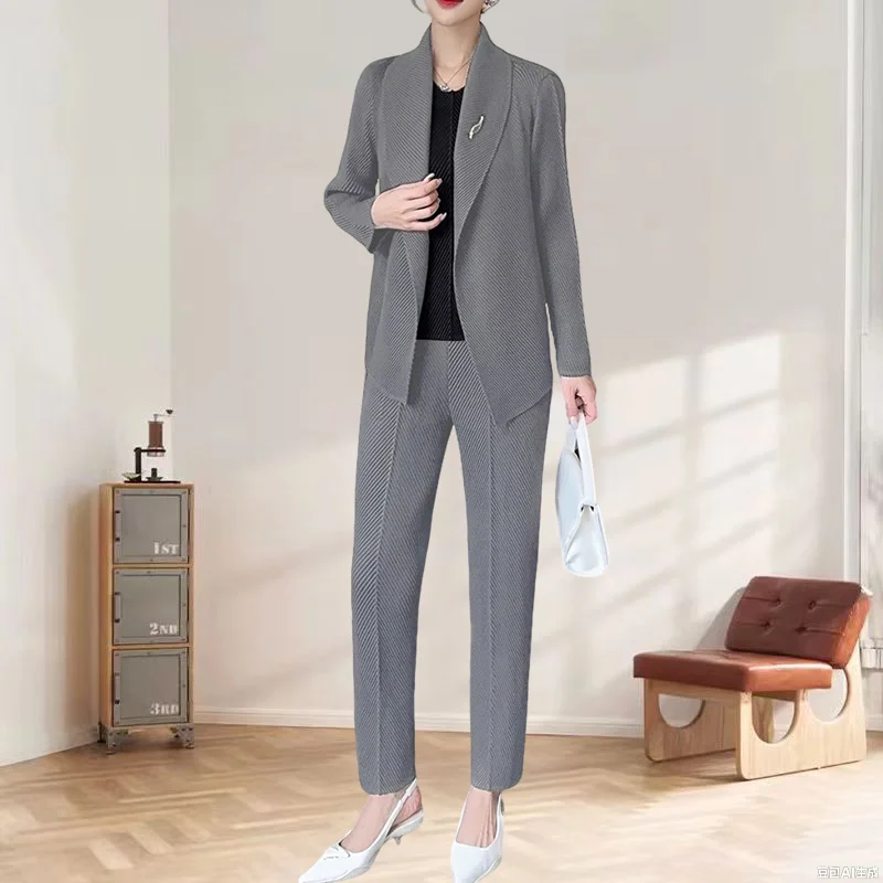 

Miyake Pleated Pant Suit Slim 2025 Summer New Casual Suit Female Suit Collar Jacket Elastic Waist Small Leg Trousers 2-piece Set
