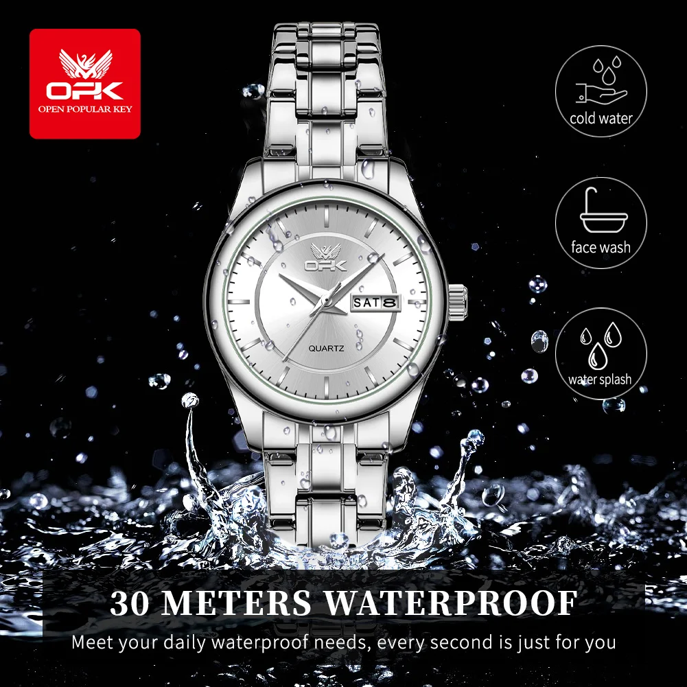 OPK 6022 Women's Watches Casual Fashion Quartz Wristwatch Waterproof Watch for Ladies Stainless Steel Dual Calendar Display