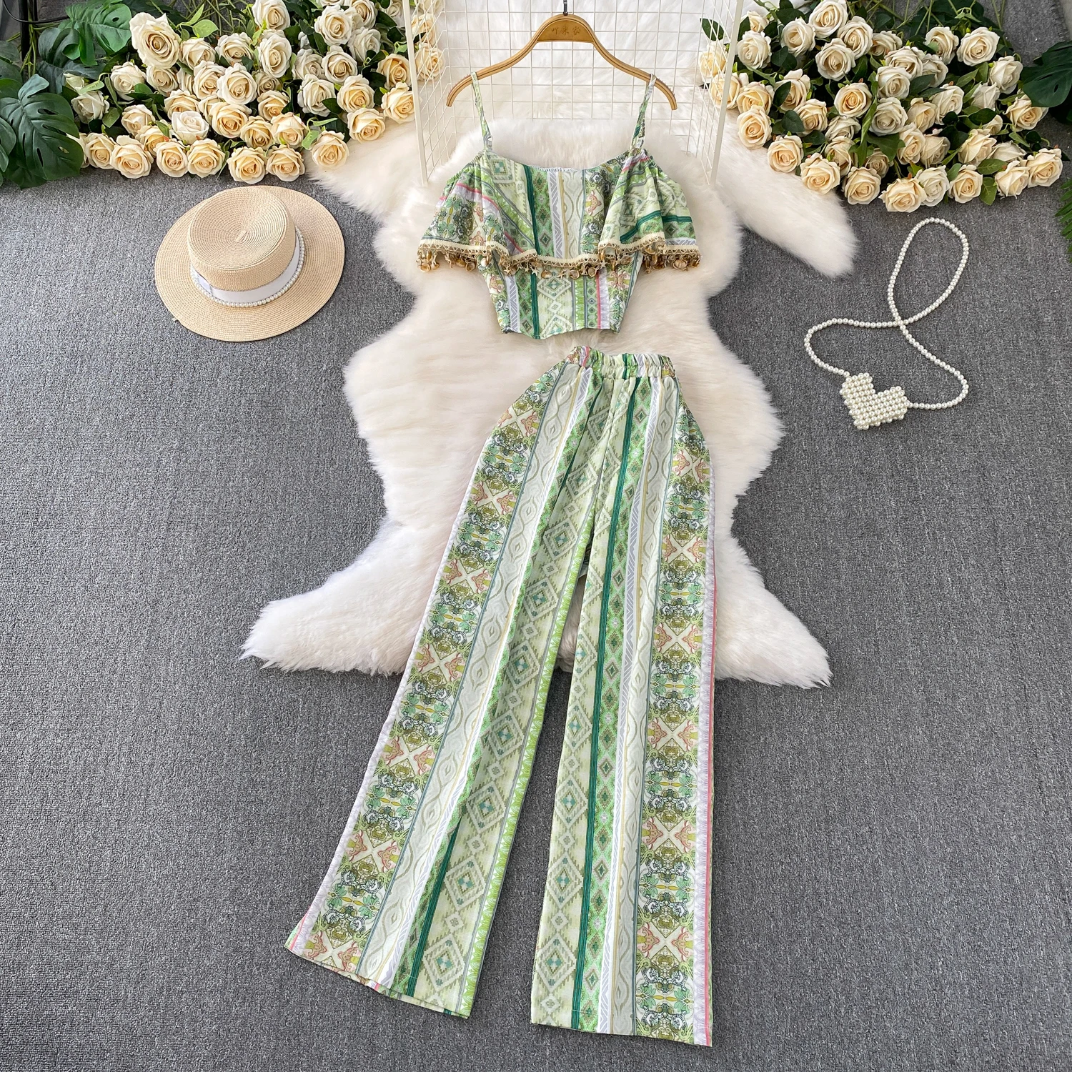 

Summer Beach Style Women Set Shell Tassel Slash Neck Top Wide Leg Pants Two-piece Sets French Fashion Print Ruffled Shirt Suit