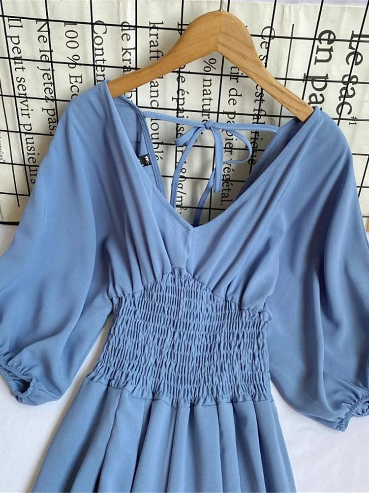 Spring Summer Women Solid Color Jumpsuits Blue/Black/Red V-Neck Puff Short Sleeve Wide Leg Romper Female Elegant Casual Rompers