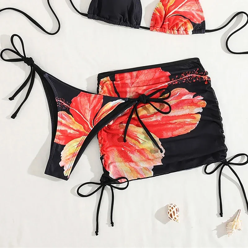 Vintage Flower Print Bikini Set Women Swimwear Sexy Triangle Lace Up Micro Bikini Skirt Cover Up 2025 New Bathing Suit 3 Piece