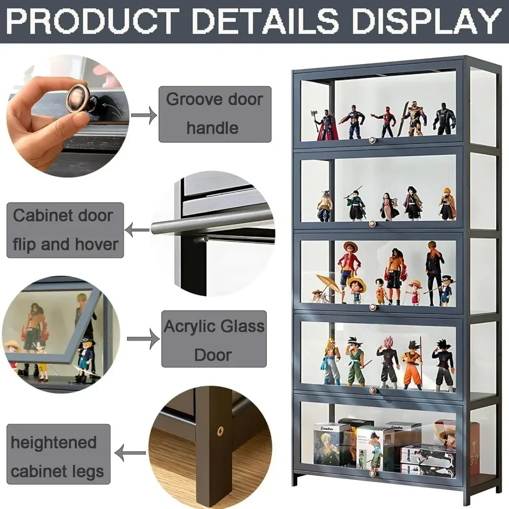 Display Cabinet, 5-Tier Tall Bookcase with Adjustable Shelves, Collectibles Toy Organizers Rack & Display Shelf, Bookshelf