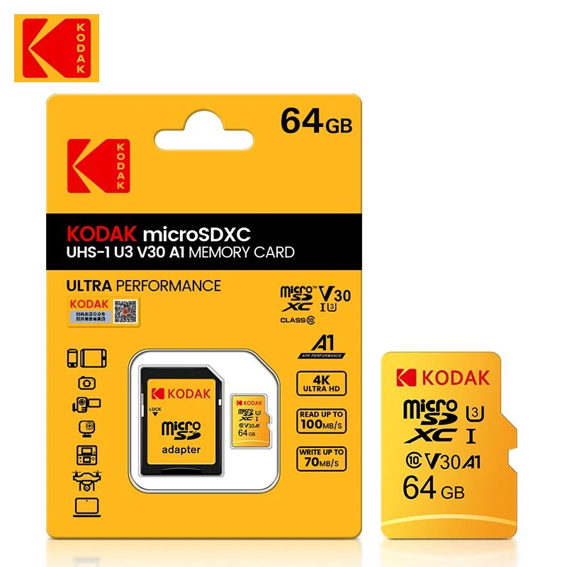kodak-マイクロsdメモリーカード高速64gba1クラス10-uhs-i-v30-u3-tfカメラスマートフォンゲーム10個
