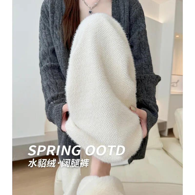 الأبيض واسعة الساق السراويل الربيع سراويل نسائية مستقيم الساق كسول نمط عالية الخصر سراويل تقليدية سليم صالح المنك المخملية الدبق الأرز Pa #1