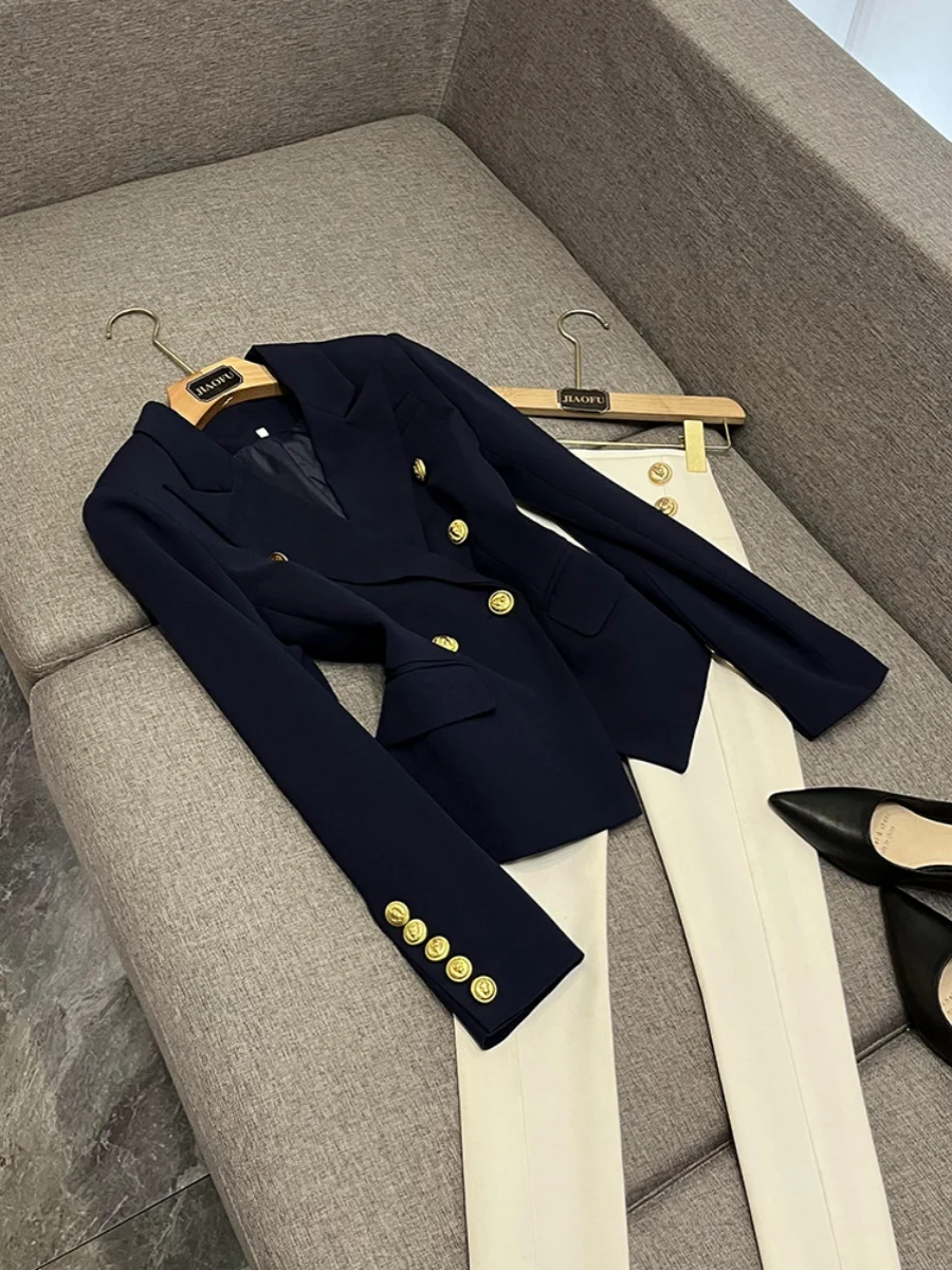 

Высококачественный женский костюм Jaet Celebri Sle с металлической головой льва и пуговицами, двухрядный воротник на пуговицах A6794, длинный све