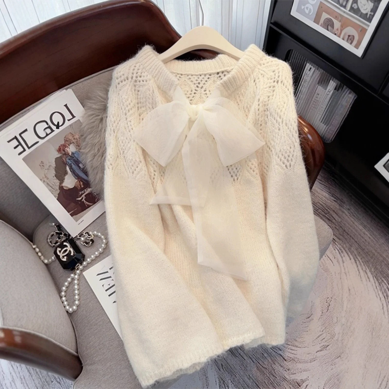 Sweet  Knot Hollow out Knit Sweater Women's Soft Cozy Overhead French Style Long Sleeve Autumn Winter New Arrival