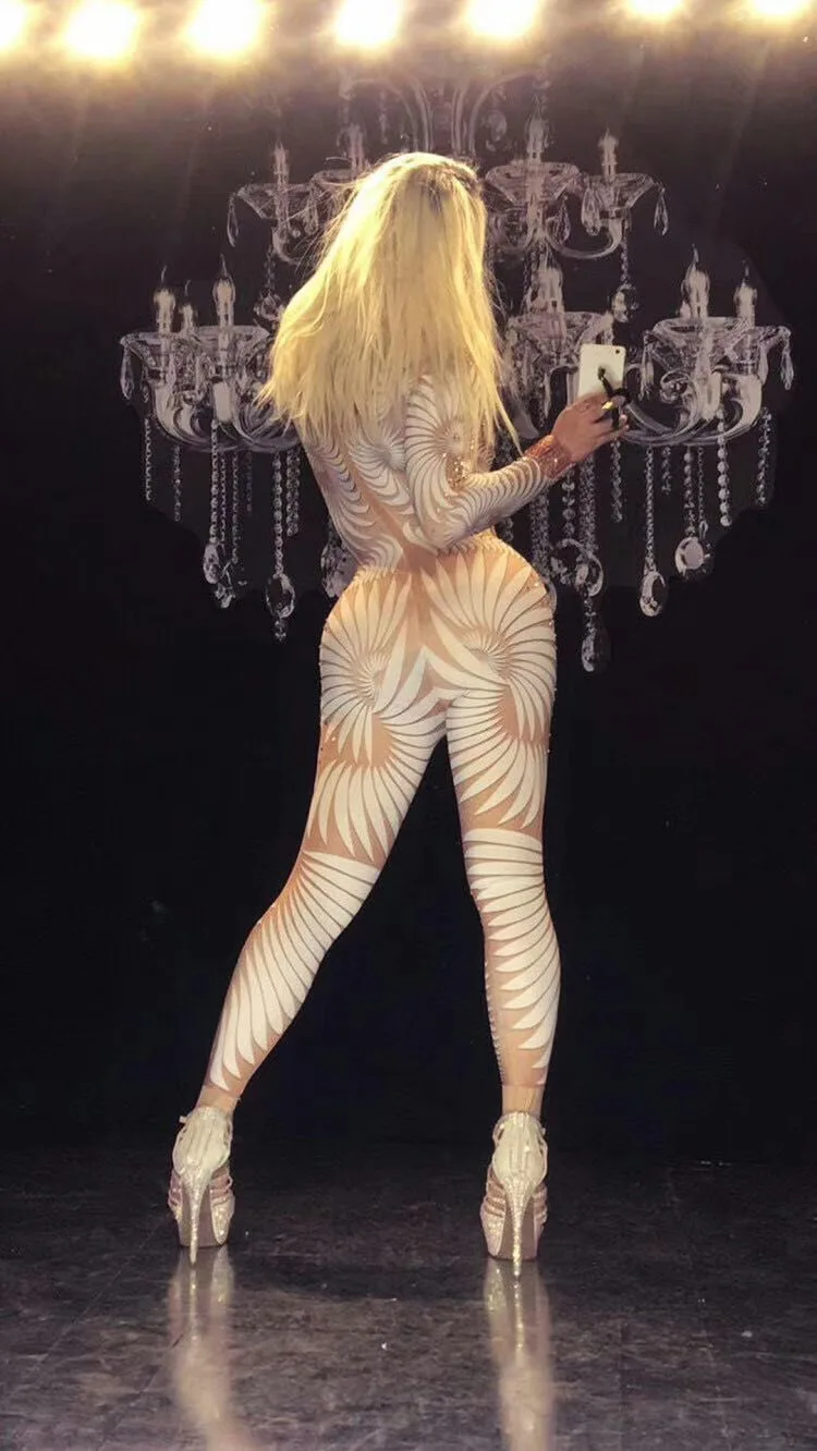 할로윈 라인스톤 점프수트 캣수트 화이트 페더 프린트 타이츠 피팅 플레이수트 여성 패션 폴댄스 공연 의상