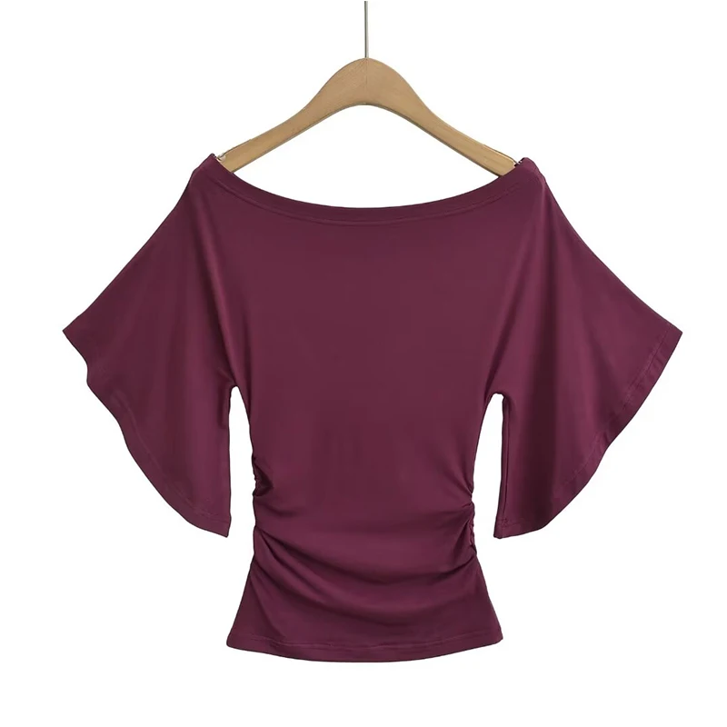 สไตล์เกาหลีผู้หญิงฤดูร้อนเซ็กซี่แขนค้างคาว Slash คอปิดไหล่เสื้อยืด Cinching เอว Slim Top