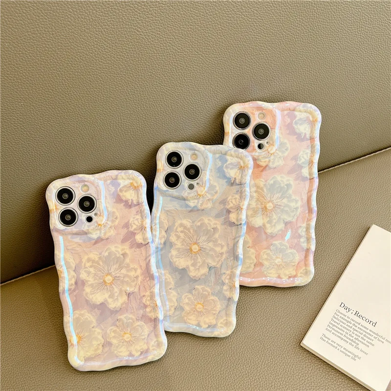 Ins Fresh Style Oil Painting Flower Blue Light Phone Case for IPhone 14 13 12 11 Pro Mini XS Max 8 7 Plus X Shockproof Cover