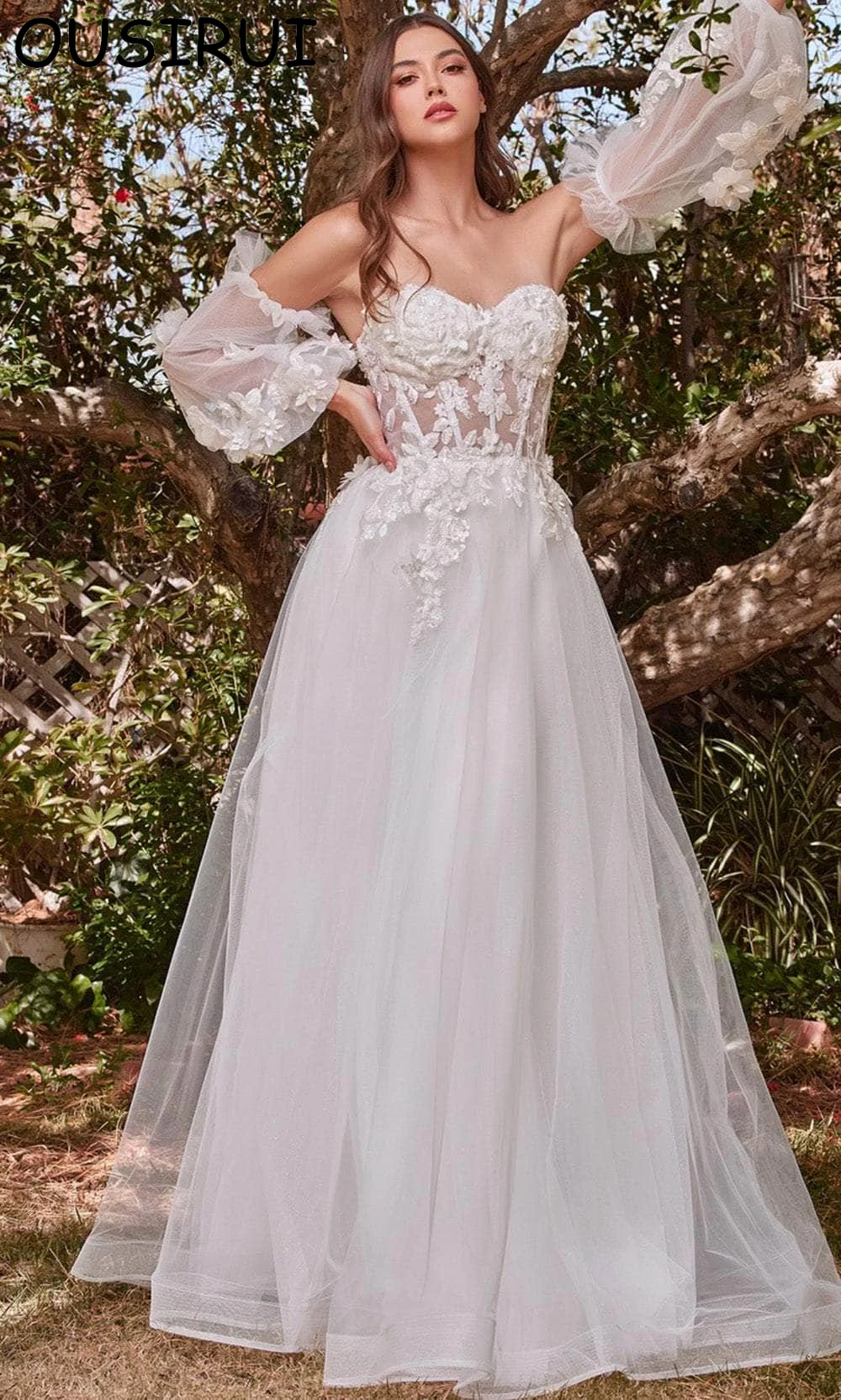 OUSIRUI Elegantes Brautkleid aus Tüll mit herzförmigem Kragen und Applikationen, Spitze, A-Linie, langes Brautkleid mit abnehmbaren Ärmeln