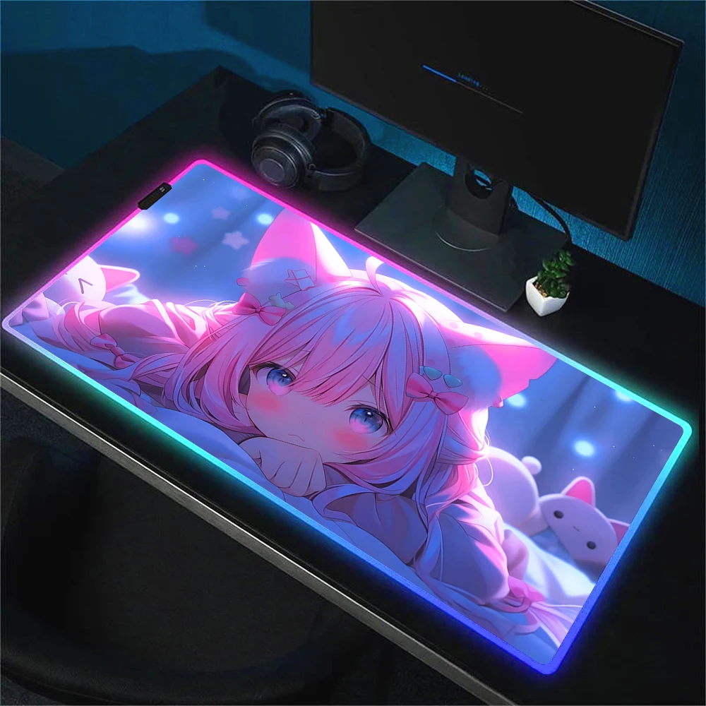 Imagem -02 - Anime Kawaii Menina Mouse Pad Rgb Luminescência Gaming Mousepad Led Cor Luz Bloqueio Bonito Tapete de Mesa Teclado Jogo Grande Tapete