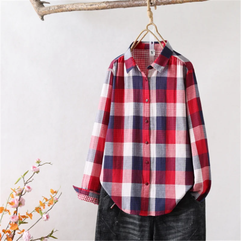 Early Collection New Simple Iarge Plaid Double-Iayer Cotton Shirt Women 2024 Spring And Autumn Ieisure Slimming Base Top