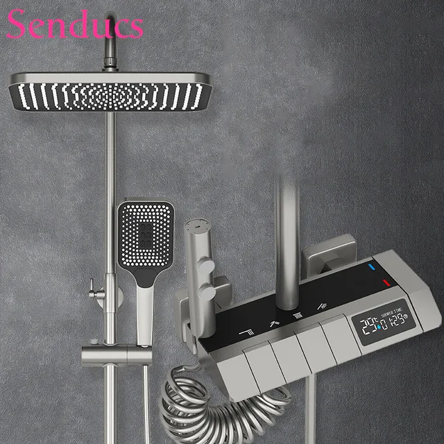 

New Arrivals Hot and Cold Piano Bathroom Shower Faucet with 12inches Shower Head Brass Shower Faucet Body White/gray Shower Set