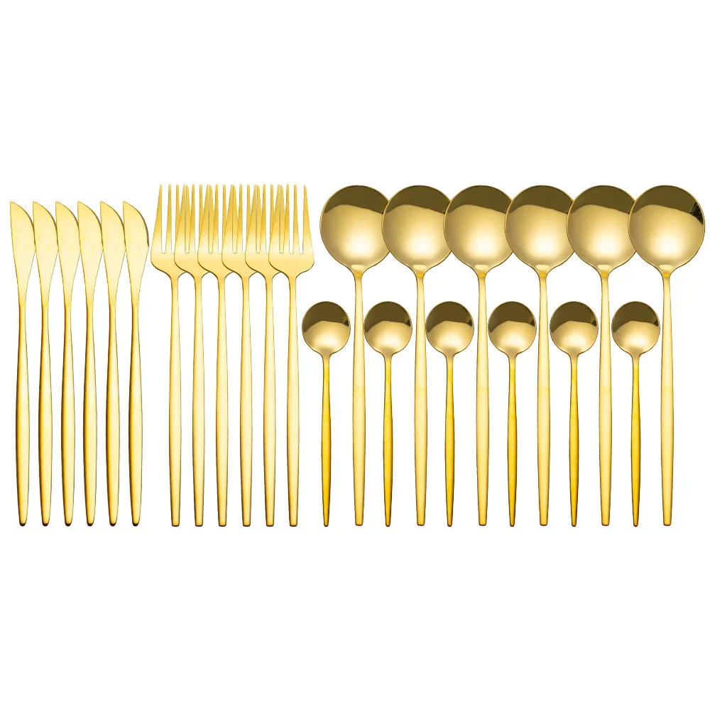 

24pcs Gold Dinnerware Set Stainless Steel Tableware Set Knife Fork Spoon Flatware Set Dishwasher Safe Silverware Cutlery