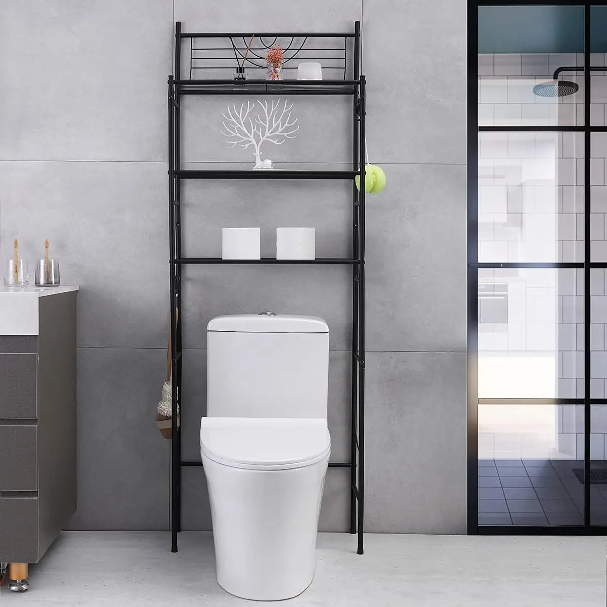 

3-Tier Bathroom Over The Toilet Storage Rack Free Standing Metal Frame Shelf Organizer, with 4-Hooks, Black