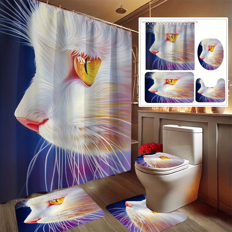 

4pcs Cat's Dreamy Gaze Printed Shower Curtain Set, Bathroom Decor Kit Includes: High Quality Liner with Hooks, Non-Slip Mat