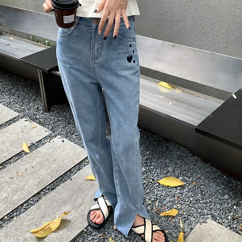 2023 High Waist Love Print Straight Blue Jeans Women Loose Fashion Harajuku Street Denim Pants Retro Mopping Trousers Split Ends