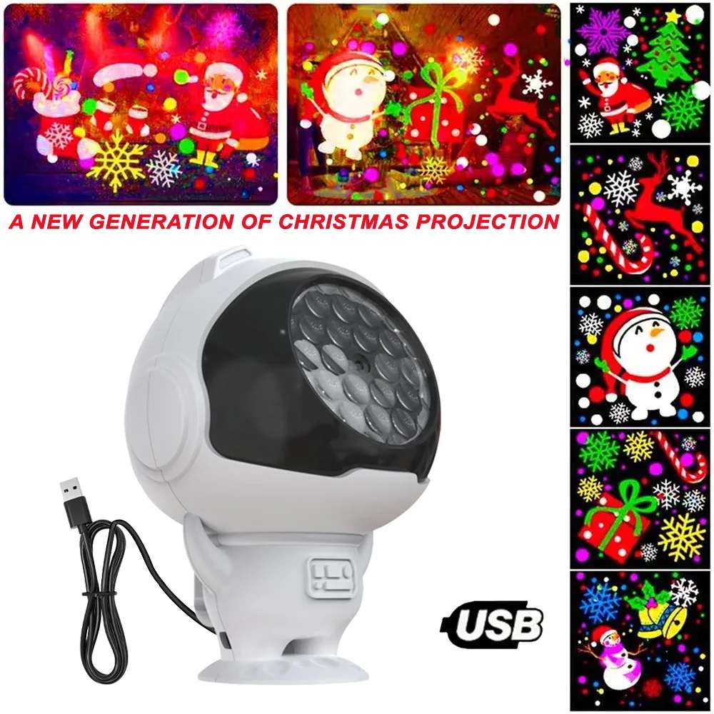 16 Patterns USB Christmas Projection Light Rotatable Dynamic Astronaut Projector Night Light for New Year Wedding Party Decor