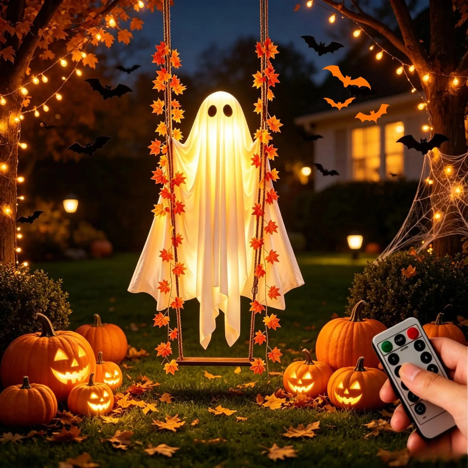 Remote Control Halloween Swing Ghost Hanging Ghost Maple Leaf Swing Weather‑Resistant Spooky Outdoor Porch Yard Halloween Decor