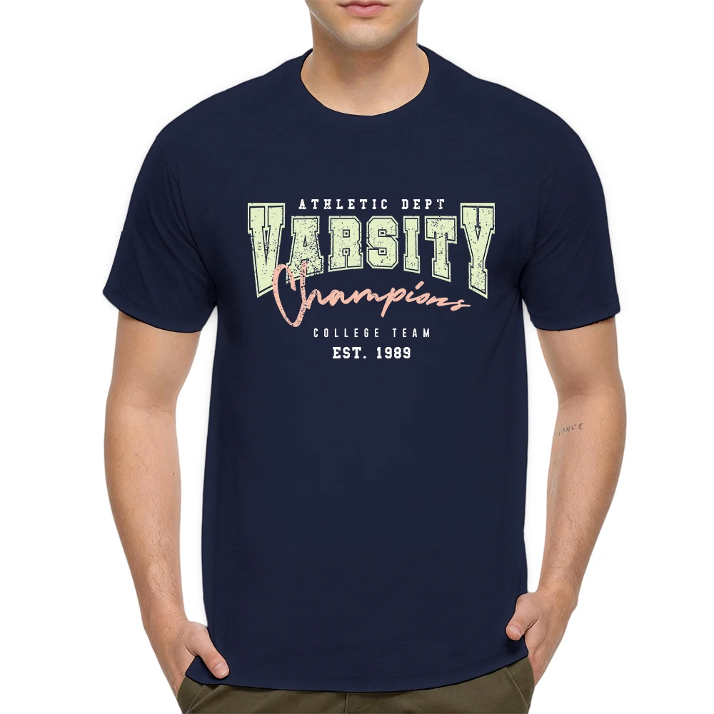 Mens 100% Cotton T Shirt Varsity Champions Athletic Dept 1989 Vintage College Team Print Breathable Short Sleeve Summer Tees