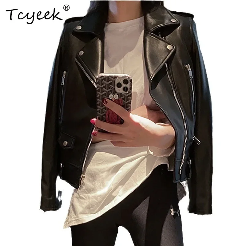 Tcyeek Real Sheepskin Leather Jacket Women Short Motorcycle Coat Autumn Clothing Genuine Leather Jacket Women Slim Fit Casaco